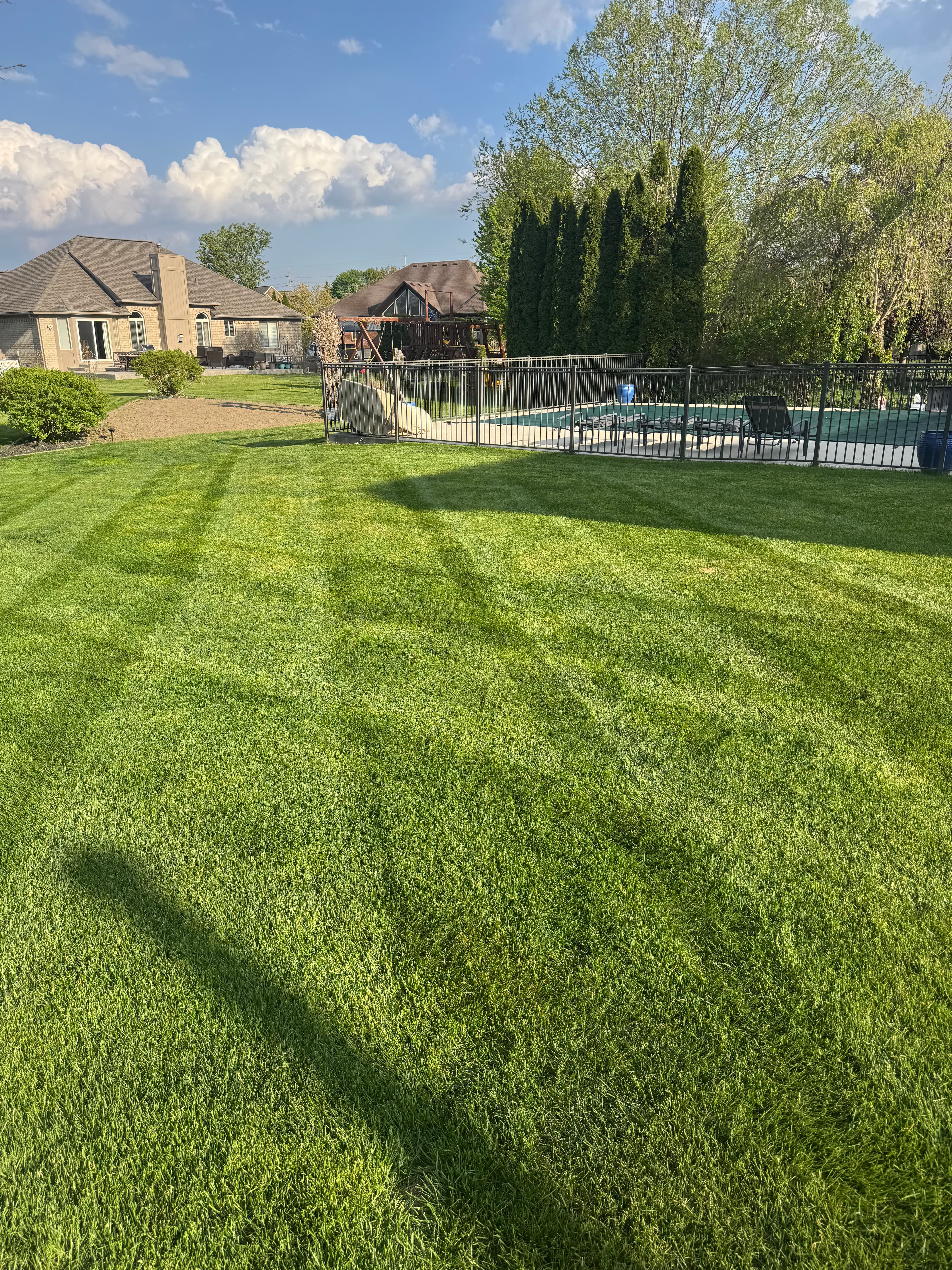 Wide residential lawn with professional mowing stripes and mature trees โ Shelby Township Michigan