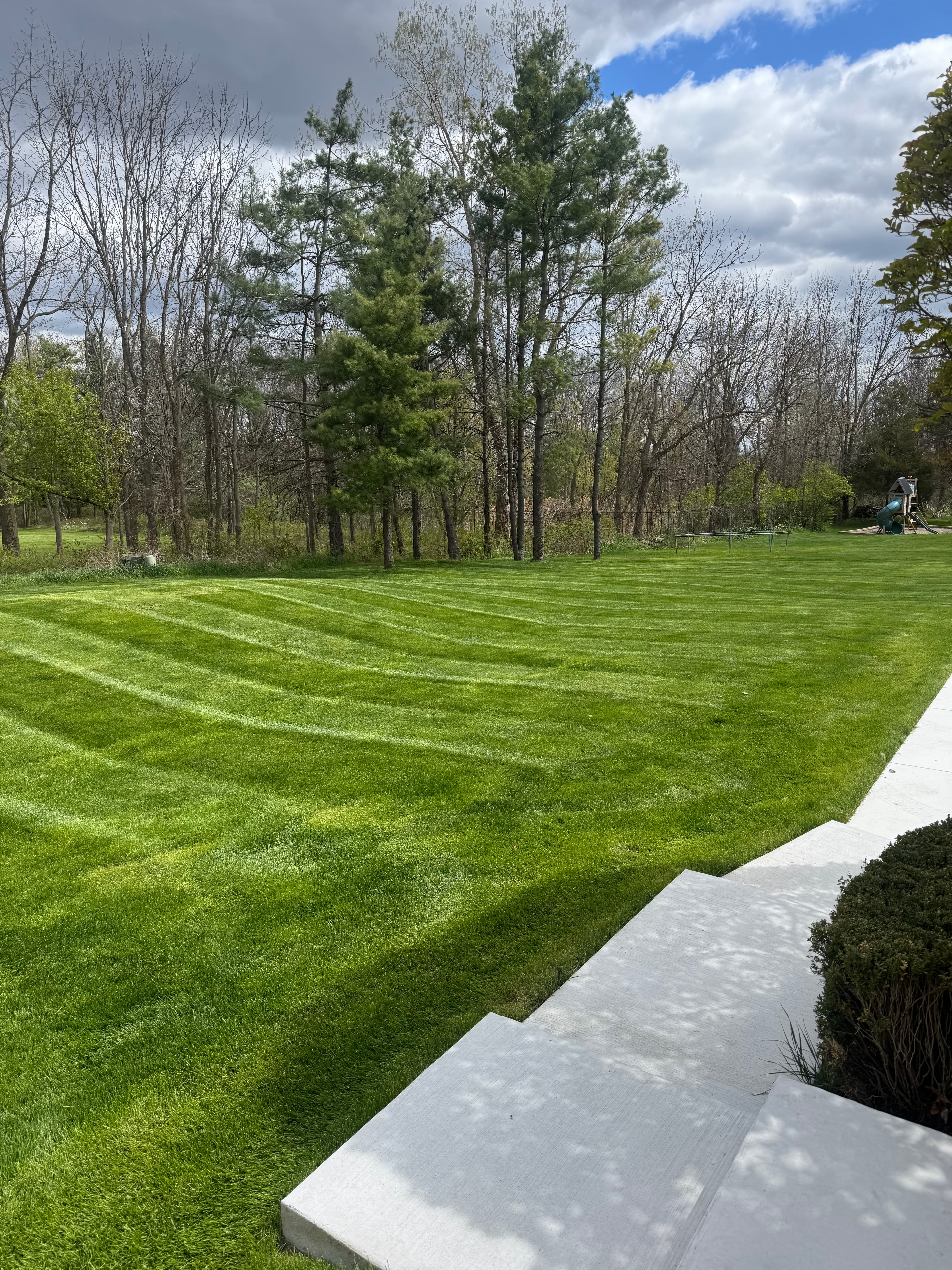 Backyard lawn mowing with precision stripe pattern at residential home in Macomb County Michigan